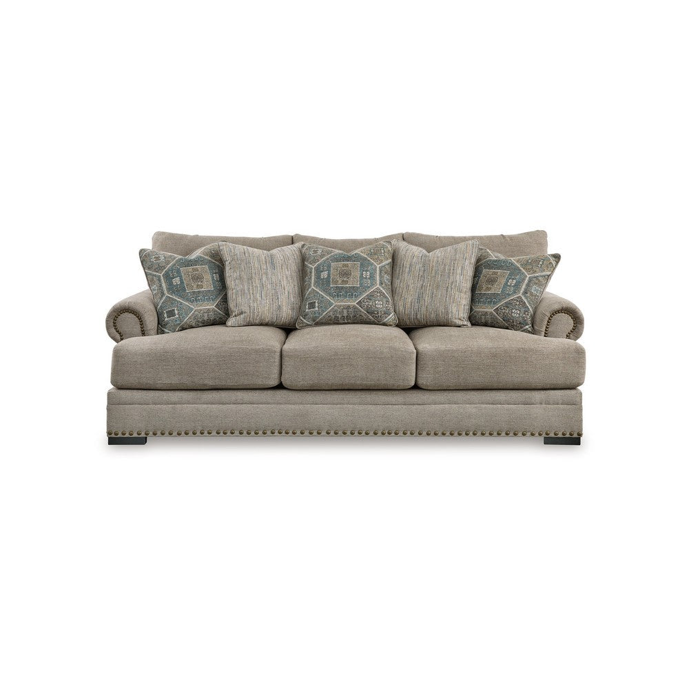Ashley Golo Sofa | 5 Accent Pillows | 97’’ Taupe Gray Fabric | Nailhead Trim BM332937