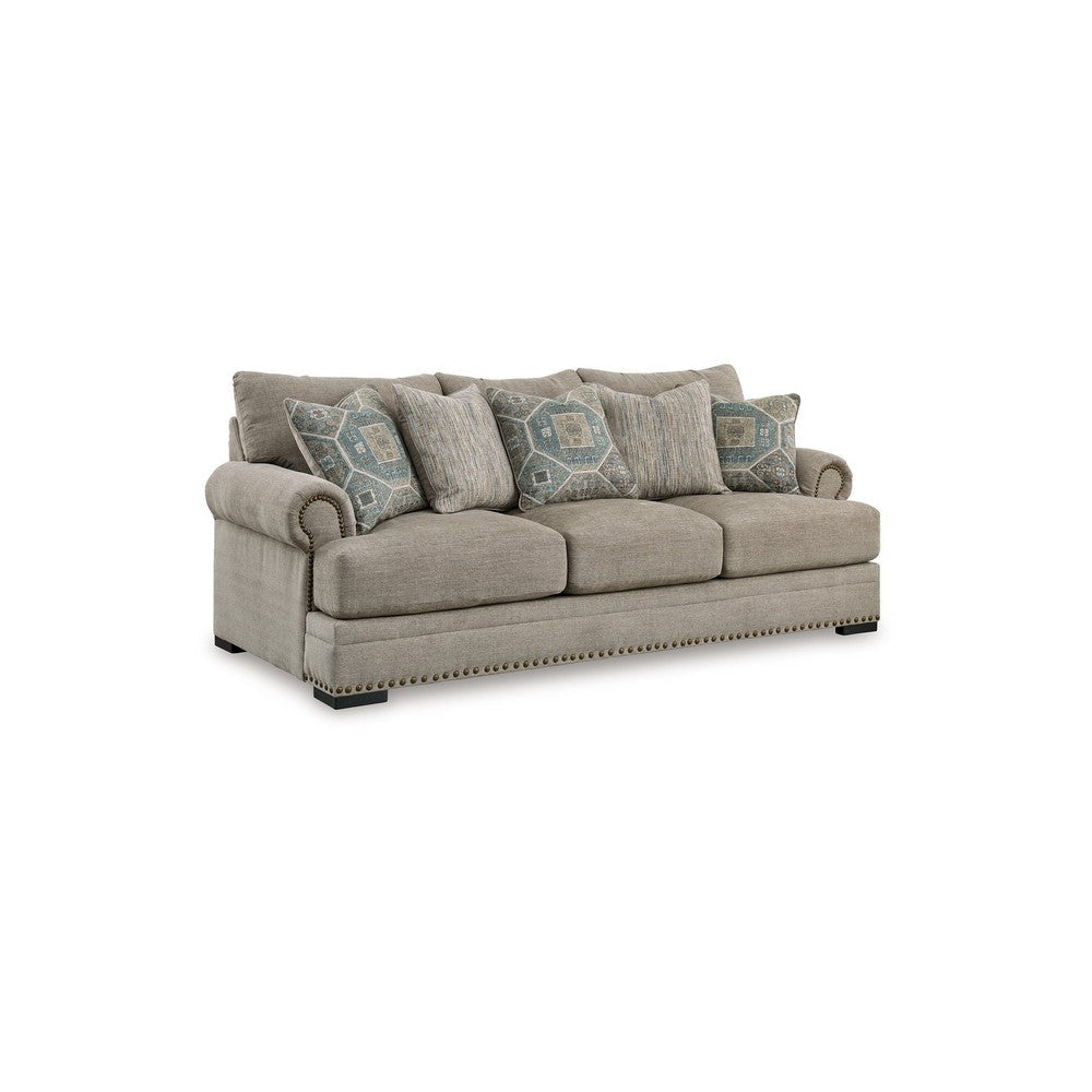 Ashley Golo Sofa | 5 Accent Pillows | 97" Taupe Gray Fabric | Nailhead Trim