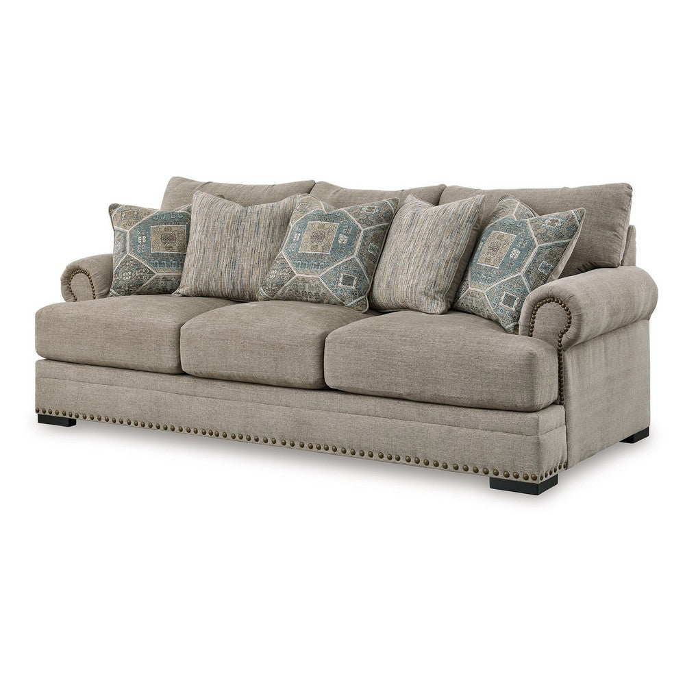 Ashley Golo Sofa | 5 Accent Pillows | 97’’ Taupe Gray Fabric | Nailhead Trim BM332937