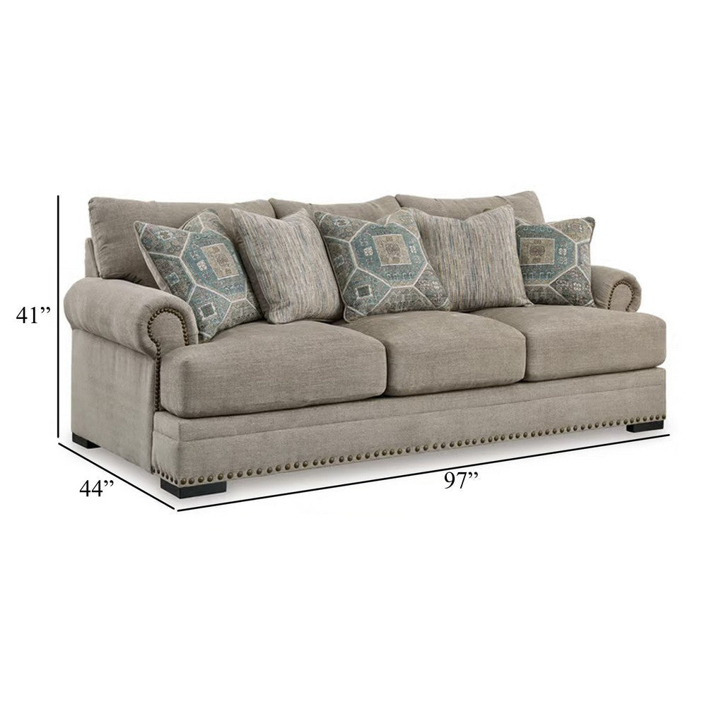 Ashley Golo Sofa | 5 Accent Pillows | 97’’ Taupe Gray Fabric | Nailhead Trim BM332937