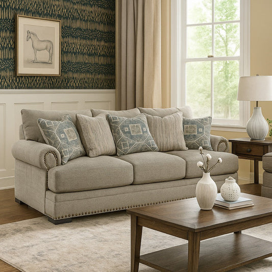 Ashley Golo Sofa | 5 Accent Pillows | 97" Taupe Gray Fabric | Nailhead Trim