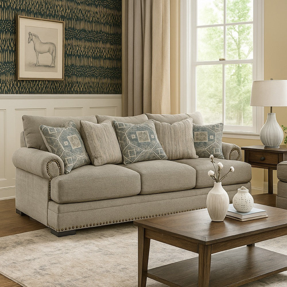 Ashley Golo Sofa | 5 Accent Pillows | 97" Taupe Gray Fabric | Nailhead Trim