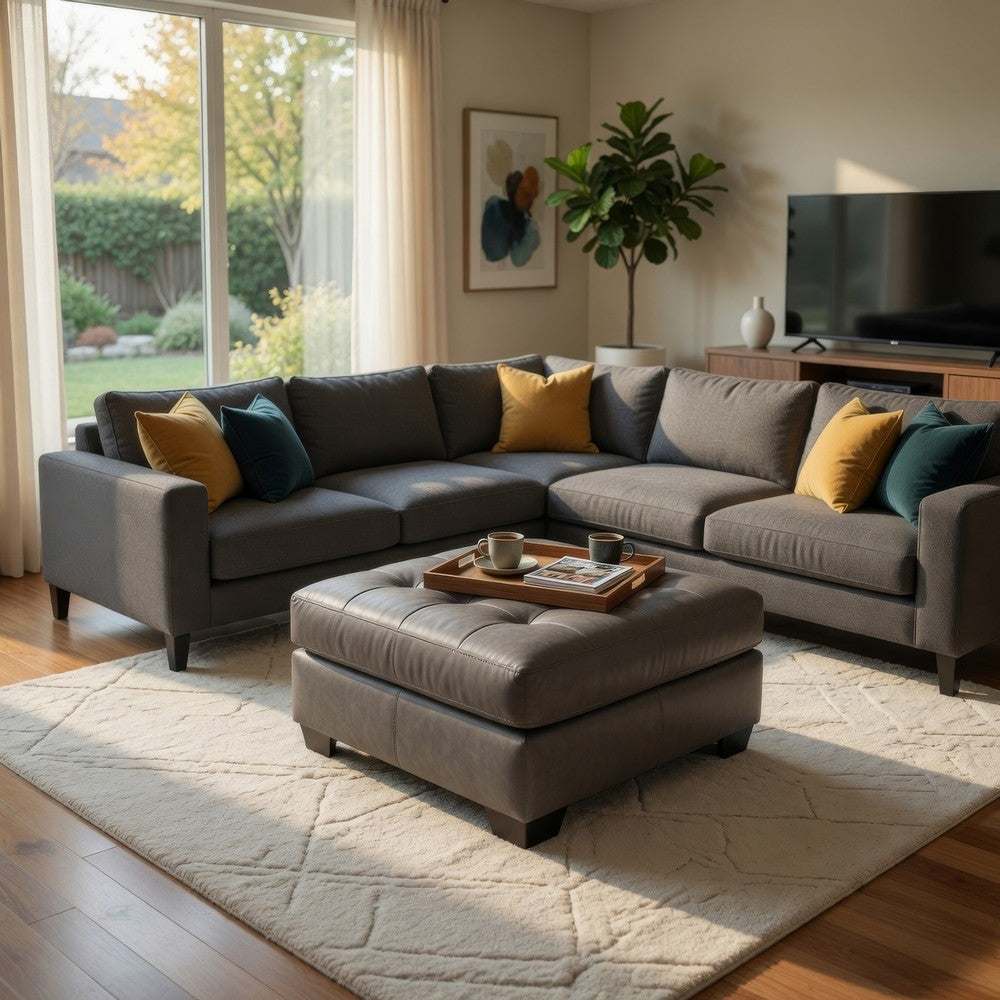 Ashley Lairi Accent Ottoman | 36" Square | Button Tufted Gray Faux Leather