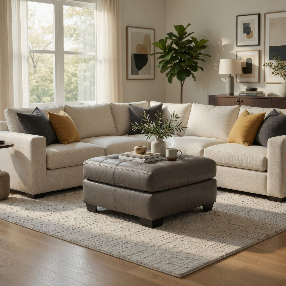 Ashley Lairi Accent Ottoman | 36" Square | Button Tufted Gray Faux Leather