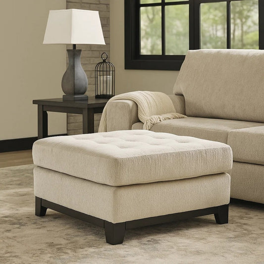 Ashley Maxo Accent Ottoman | 36" Square Plush Tufted Seat | Ivory Polyester