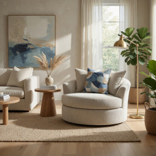 Ashley Maxo Accent Chair | 56" | 360 Swivel | 3 Accent Throw Pillows | Ivory