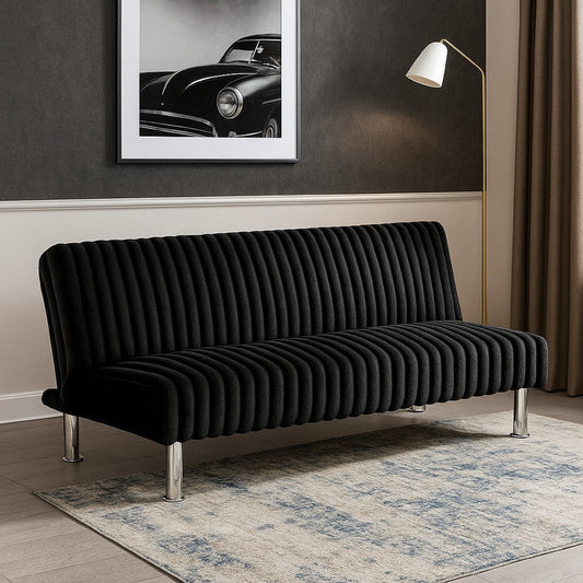 Hini Fold Out Futon Sofa Bed | Rich Black | Modern Chrome Metal Legs
