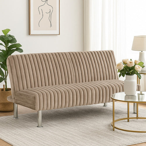 Hini Fold Out Futon Sofa Bed | Taupe Brown | Modern Chrome Metal Legs