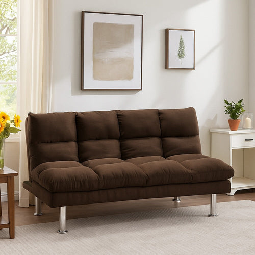 Sar Fold Out Futon Sofa Bed | Tufted Dark Brown Microfiber | Chrome