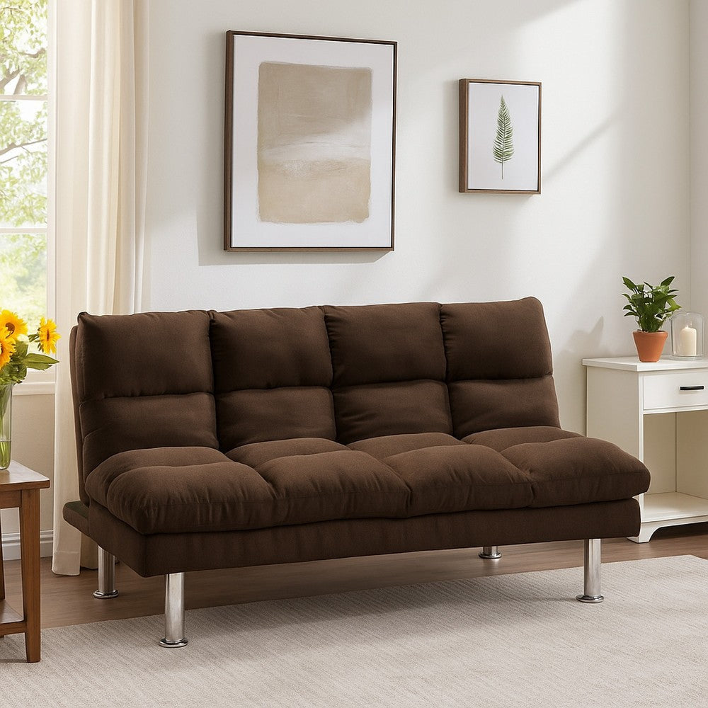 Sar Fold Out Futon Sofa Bed | Tufted Dark Brown Microfiber | Chrome