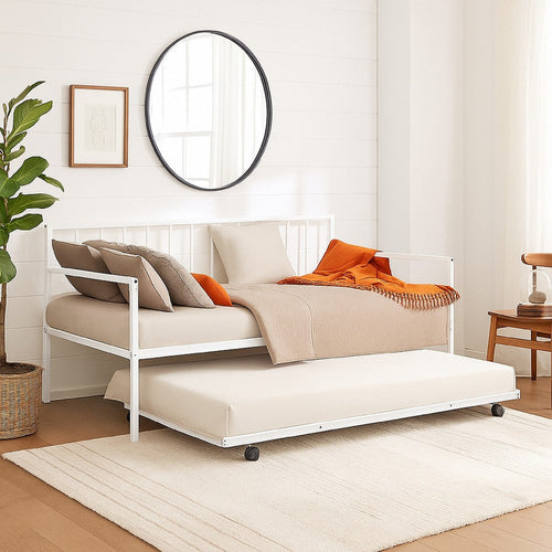 Ham Daybed with Pull Out Trundle | White Slatted Open Metal Frame