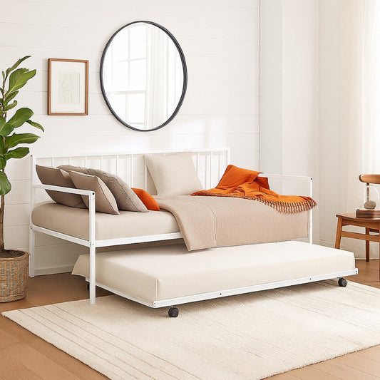 Ham Daybed with Pull Out Trundle | White Slatted Open Metal Frame
