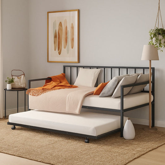 Ham Daybed with Pull Out Trundle | Black Slatted Open Metal Frame