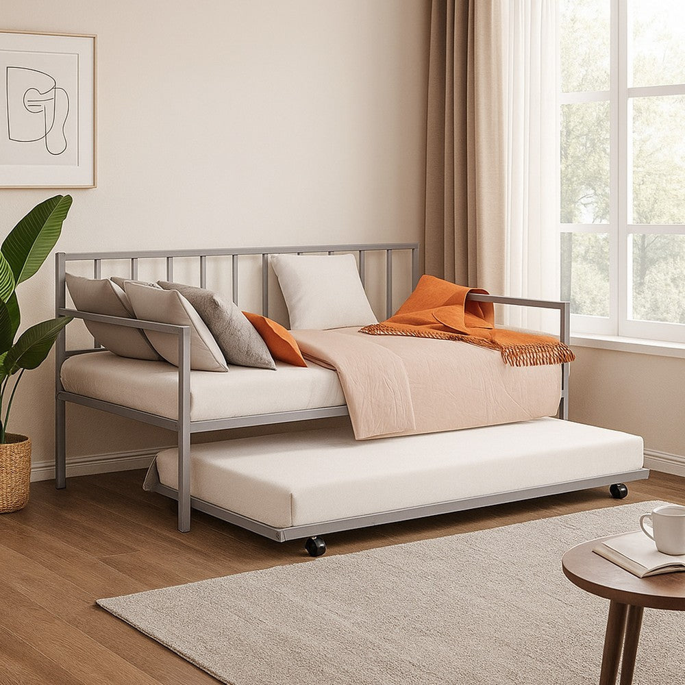 Ham Daybed with Pull Out Trundle | Silver Slatted Open Metal Frame