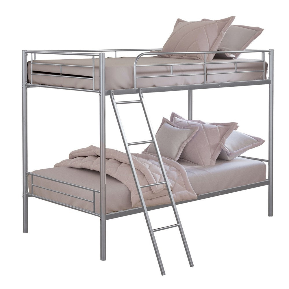 Cet Twin Over Twin Bunk Bed | Silver Metal Frame | Attached Ladder