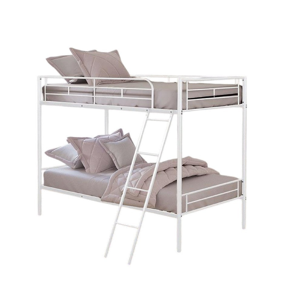 Cet Twin Over Twin Bunk Bed | White Metal | Attached Angled Ladder