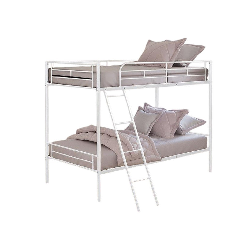 Cet Twin Over Twin Bunk Bed | White Metal | Attached Angled Ladder