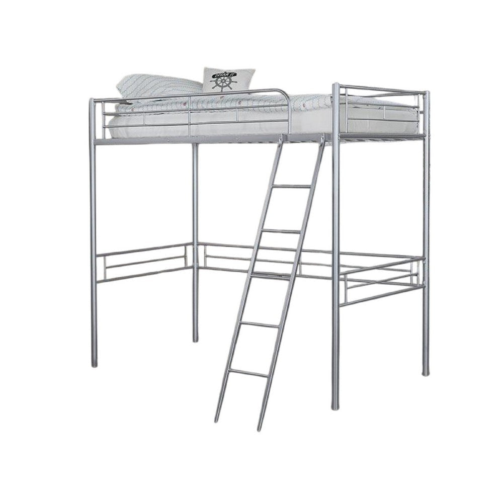 Mylz Twin Loft Bed | Silver Metal Frame with Attached Angled Ladder
