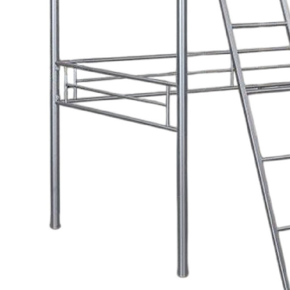Mylz Twin Loft Bed | Silver Metal Frame with Attached Angled Ladder