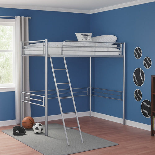 Mylz Twin Loft Bed | Silver Metal Frame with Attached Angled Ladder