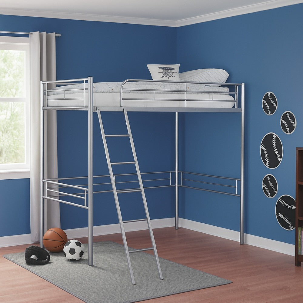 Mylz Twin Loft Bed | Silver Metal Frame with Attached Angled Ladder