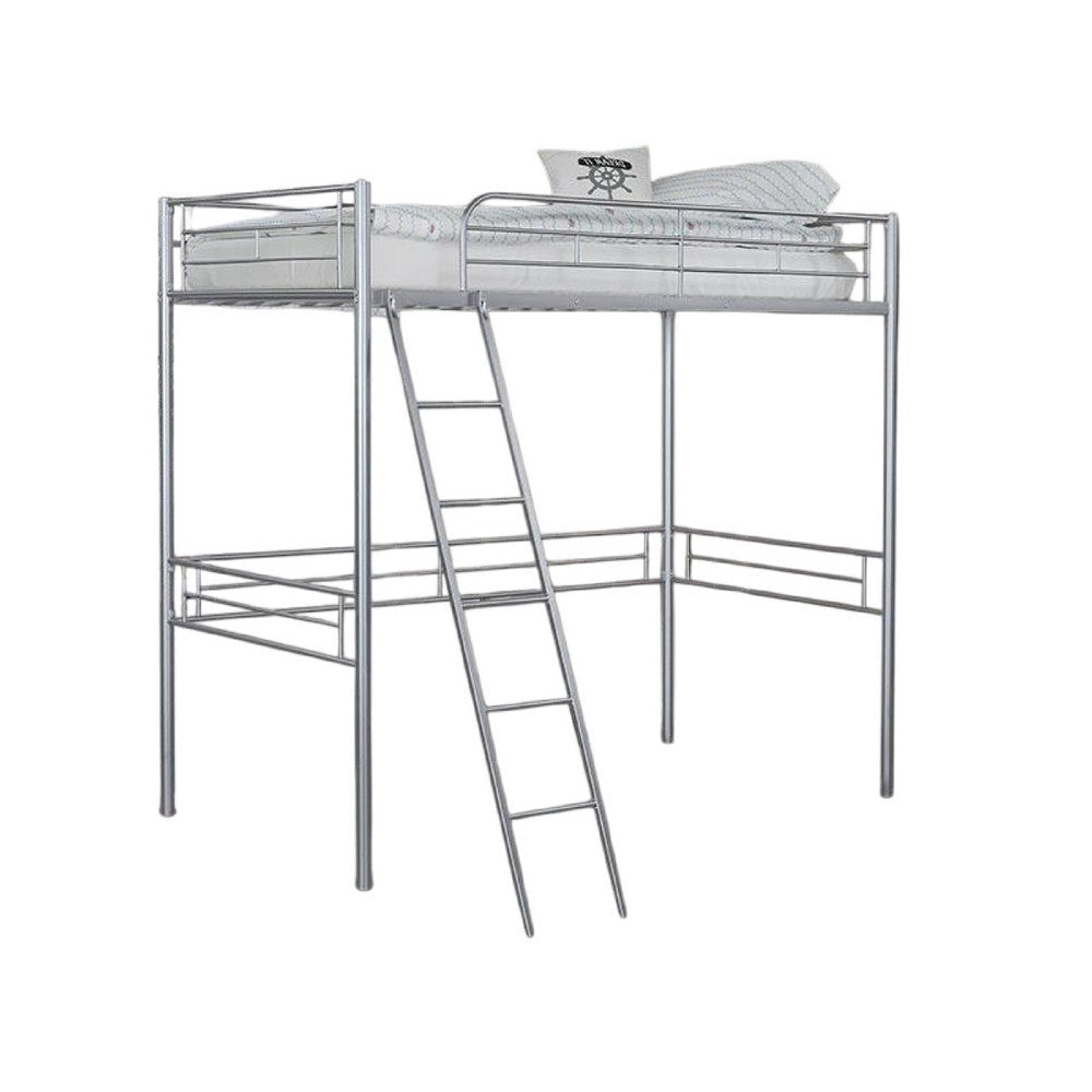 Mylz Twin Loft Bed | Silver Metal Frame with Attached Angled Ladder