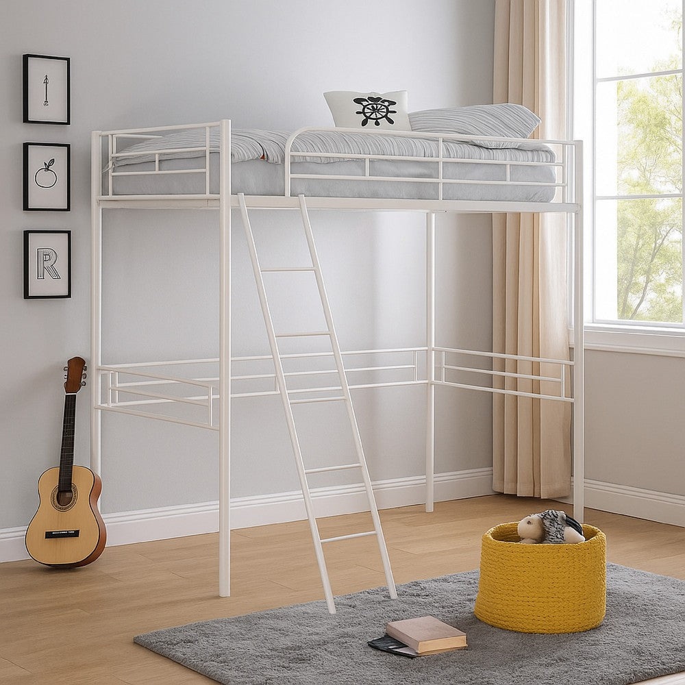 Mylz Twin Loft Bed | 61" | White Metal Frame | Attached Angled Ladder