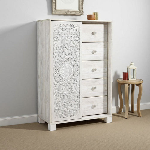 Ashley Paxy Tall Dresser Chest | 5 Drawers | Carved Sliding Door | Whitewash