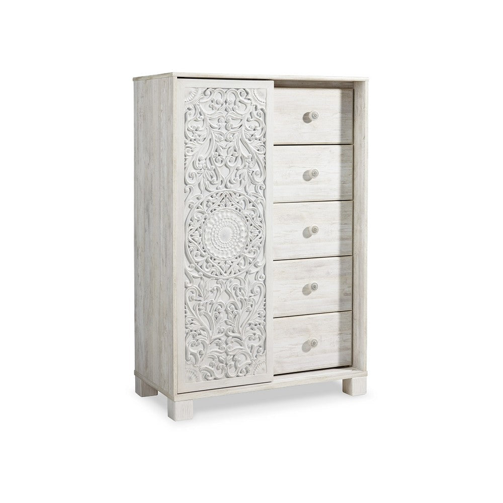 Ashley Paxy Tall Dresser Chest | 5 Drawers | Carved Sliding Door | Whitewash