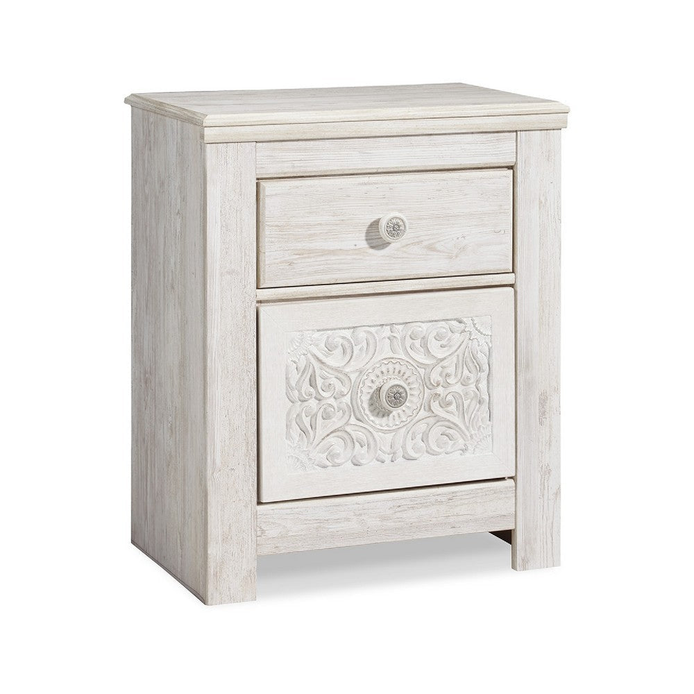 Ashley Paxy Nightstand | 2 Drawers | 2 USB Ports | Laminate Whitewash Finish