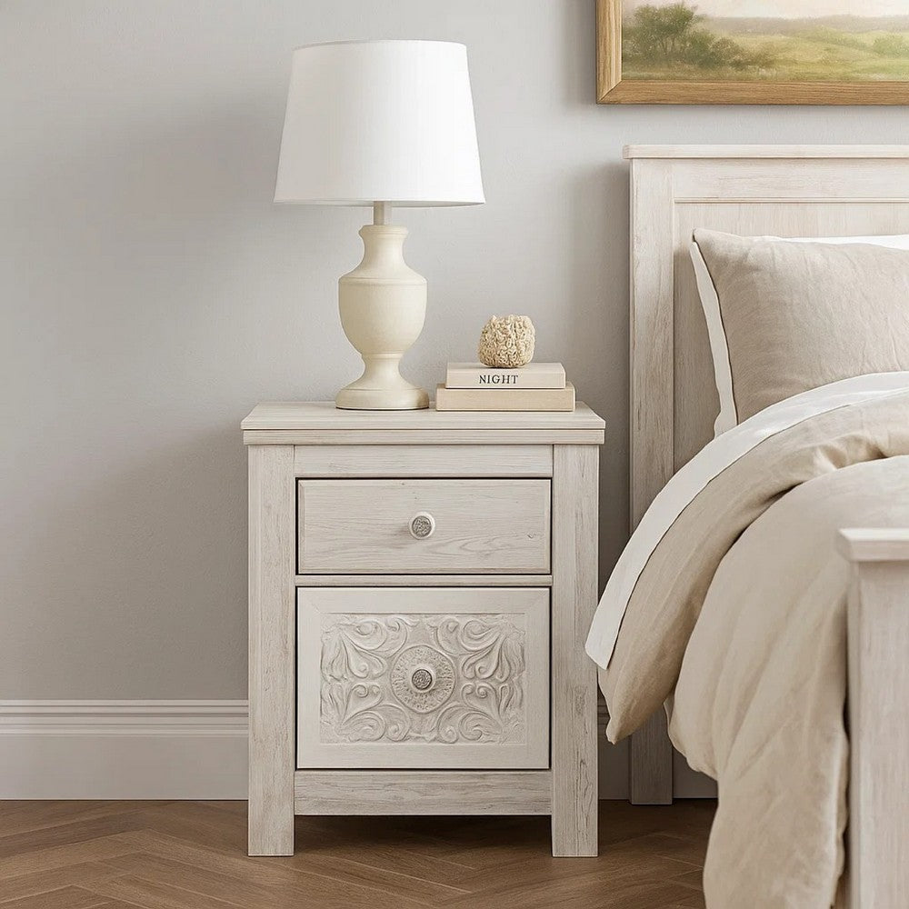 Ashley Paxy Nightstand | 2 Drawers | 2 USB Ports | Laminate Whitewash Finish
