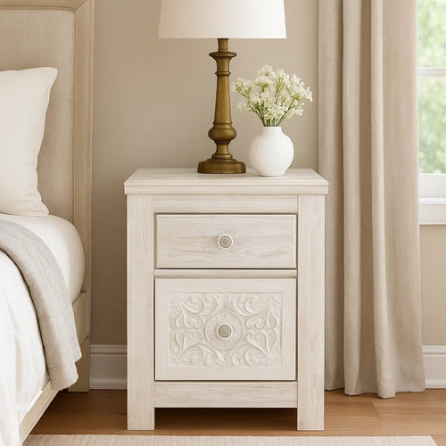 Ashley Paxy Nightstand | 2 Drawers | 2 USB Ports | Laminate Whitewash Finish