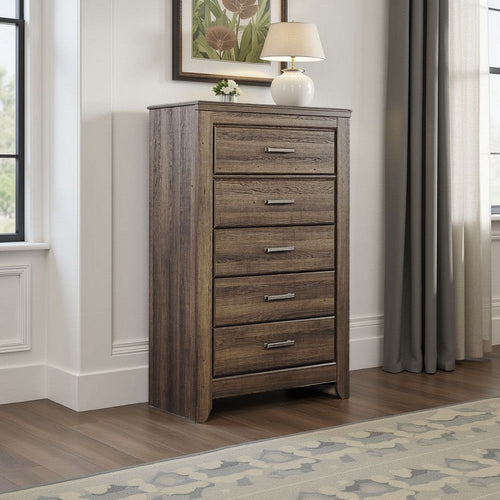 Ashley Rye Tall Dresser Chest | 5 Drawer | Modern Classic Laminate Dark Brown