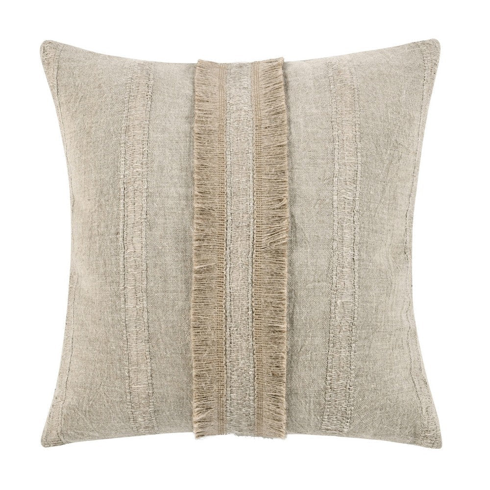 Square Accent Throw Pillow | 22" | Jute Fringes | Natural Beige Linen
