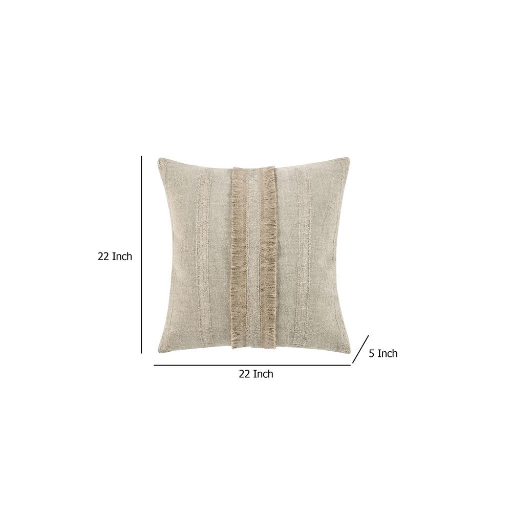 Square Accent Throw Pillow | 22’’ | Jute Fringes | Natural Beige Linen BM333038