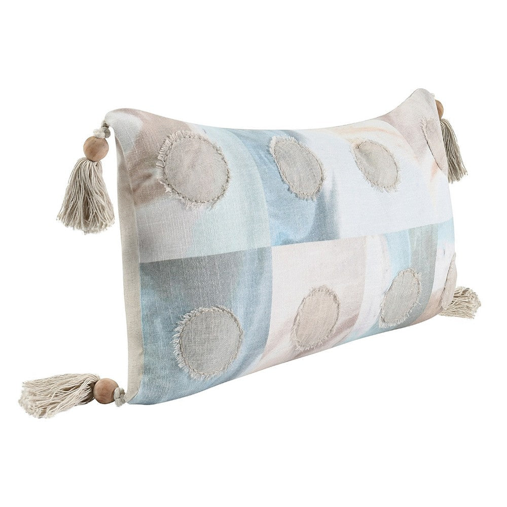 Lumbar Accent Throw Pillow | 14x26 | Blue White Cotton | Beaded Tassel BM333039