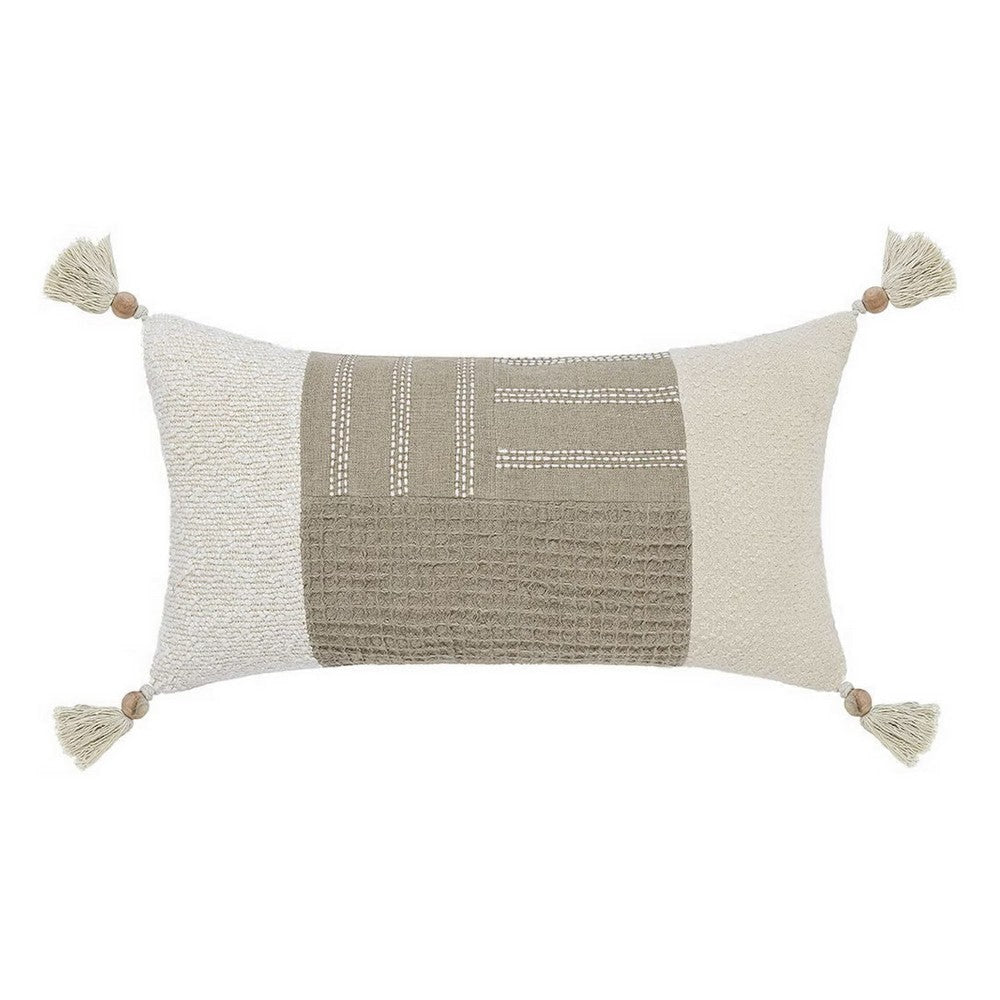 Muff Lumbar Throw Pillow | 14x26 Ivory Cotton | Woven Tape Bead Tassel BM333040