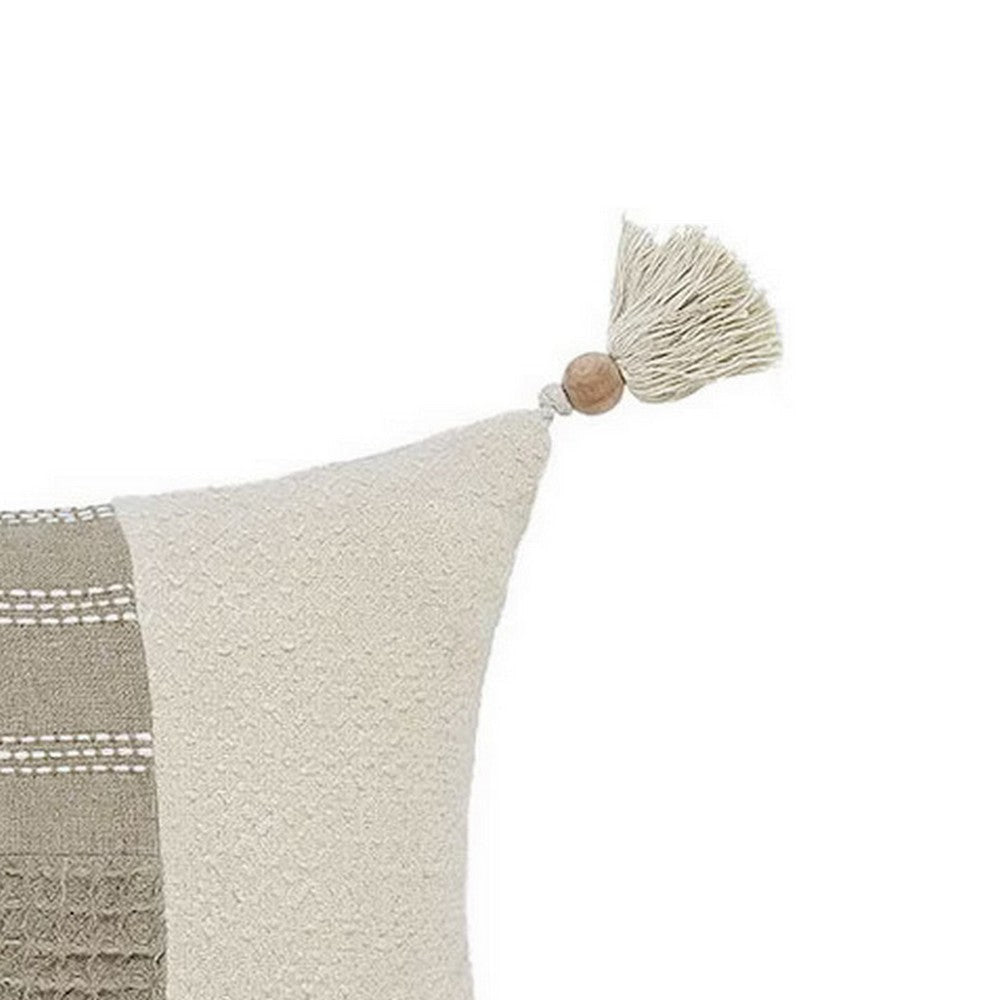 Muff Lumbar Throw Pillow | 14x26 Ivory Cotton | Woven Tape Bead Tassel BM333040