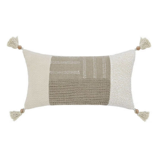 Muff Lumbar Throw Pillow | 14x26 Ivory Cotton | Woven Tape Bead Tassel