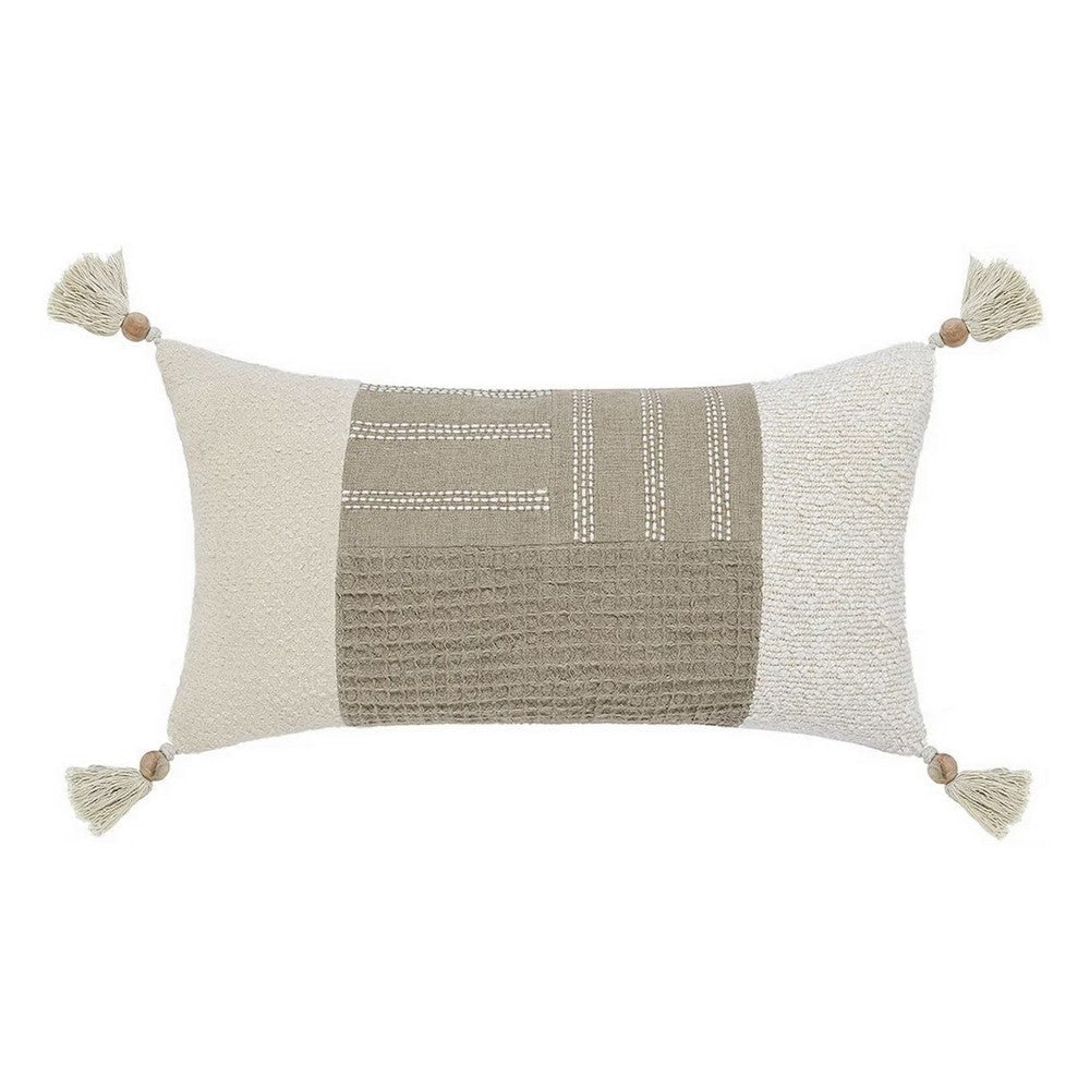 Muff Lumbar Throw Pillow | 14x26 Ivory Cotton | Woven Tape Bead Tassel