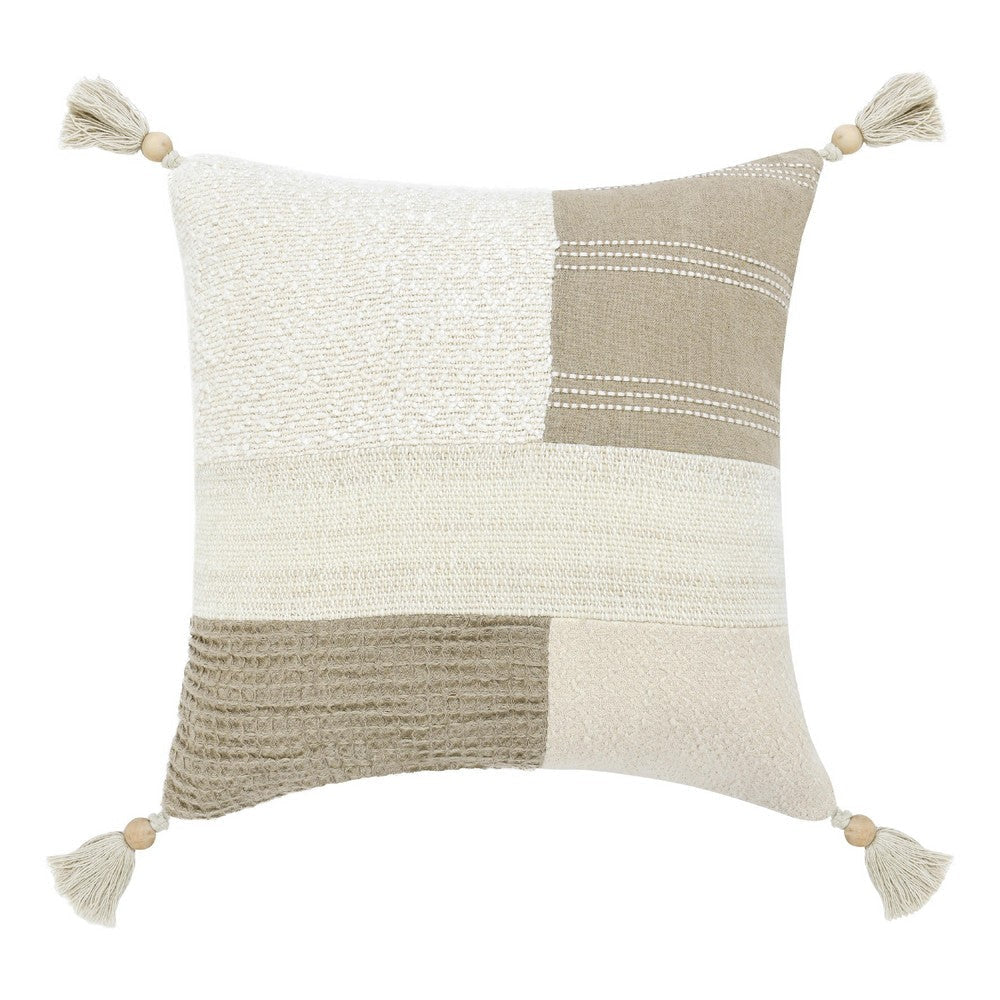Muff Square Accent Throw Pillow | 22x22 Ivory Cotton Woven Tape Tassel
