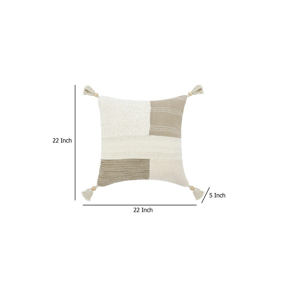 Muff Square Accent Throw Pillow | 22x22 Ivory Cotton Woven Tape Tassel BM333041