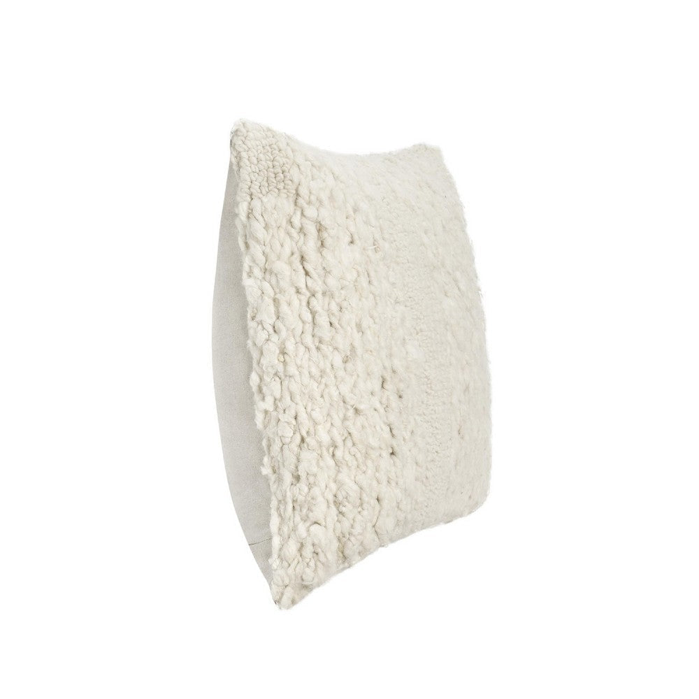 Square Accent Throw Pillow | 22’’ Handwoven Ivory Tonal Wool Stripes BM333053