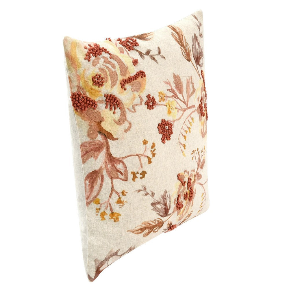Square Accent Throw Pillow 20’’ Hand Applied Floral Accents Brown BM333054