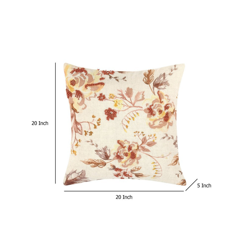 Square Accent Throw Pillow 20’’ Hand Applied Floral Accents Brown BM333054