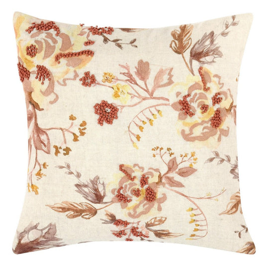 Square Accent Throw Pillow, 20", Hand Applied Floral Accents, Brown