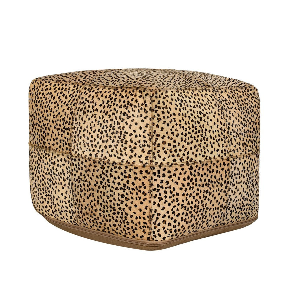 Square Pouf, 18", Leopard Design Printed Cowhide, Camel Brown, Black