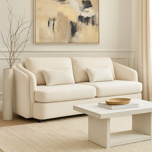 Riku Sofa | 2 Lumbar Pillows | 84" | Beige Linen | Modern Shape
