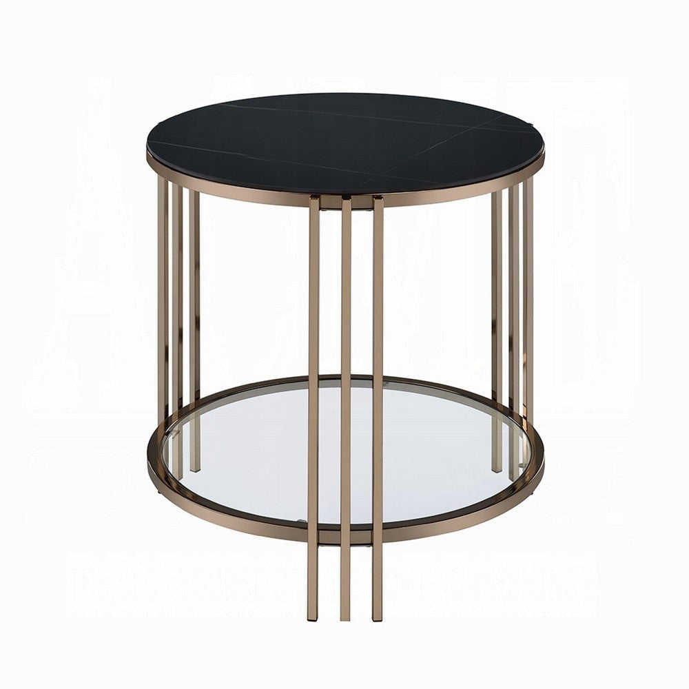 Abio Side End Table | 23’’ | Round Sintered Stone Top | Black and Gold BM333069