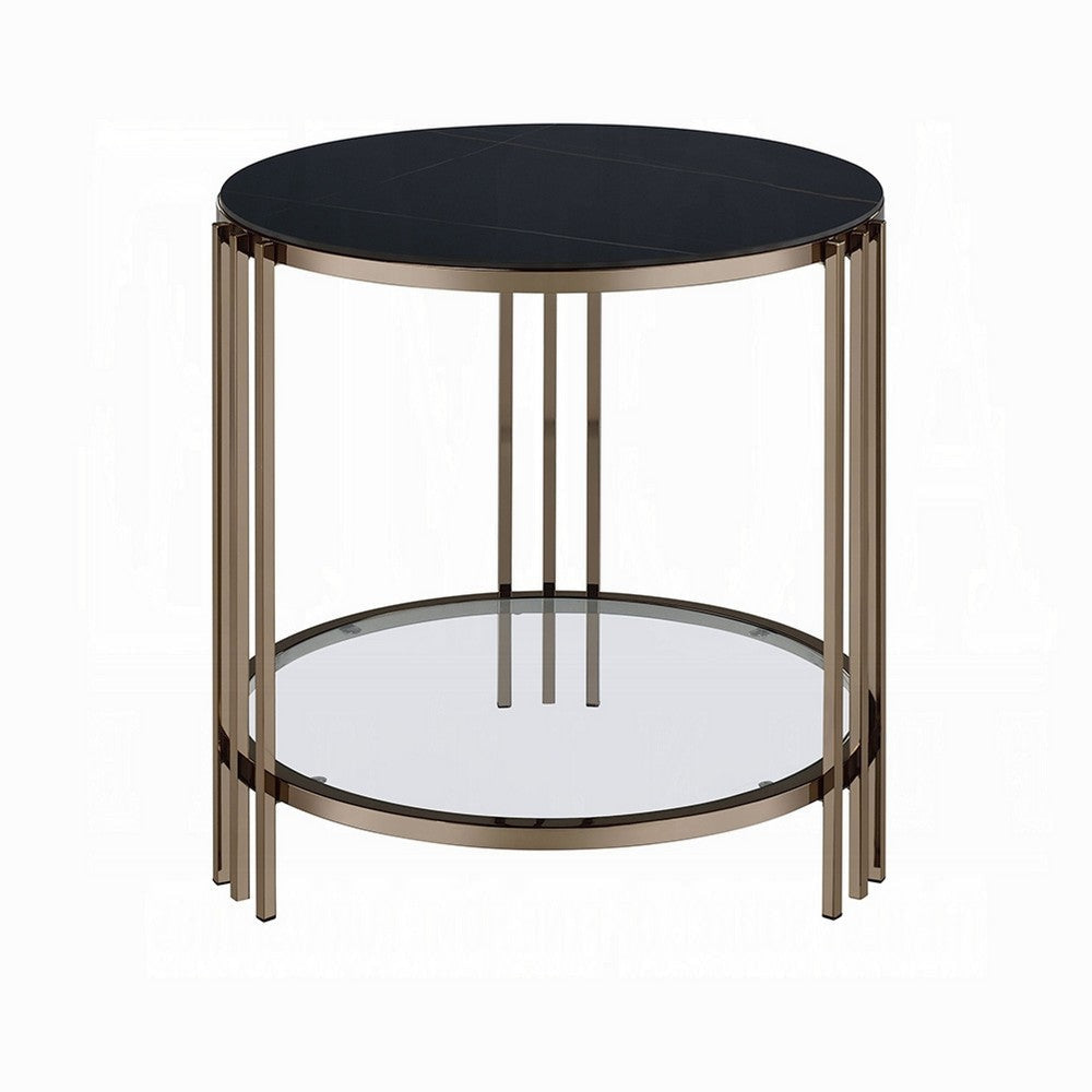 Abio Side End Table | 23’’ | Round Sintered Stone Top | Black and Gold BM333069